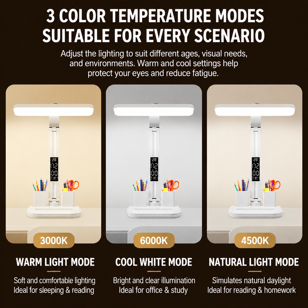 LED Desk Lamp with Digital Clock Temperature Display Pen Holder and Phone Stand Foldable Eye Caring Study Reading Light for Students Home Office