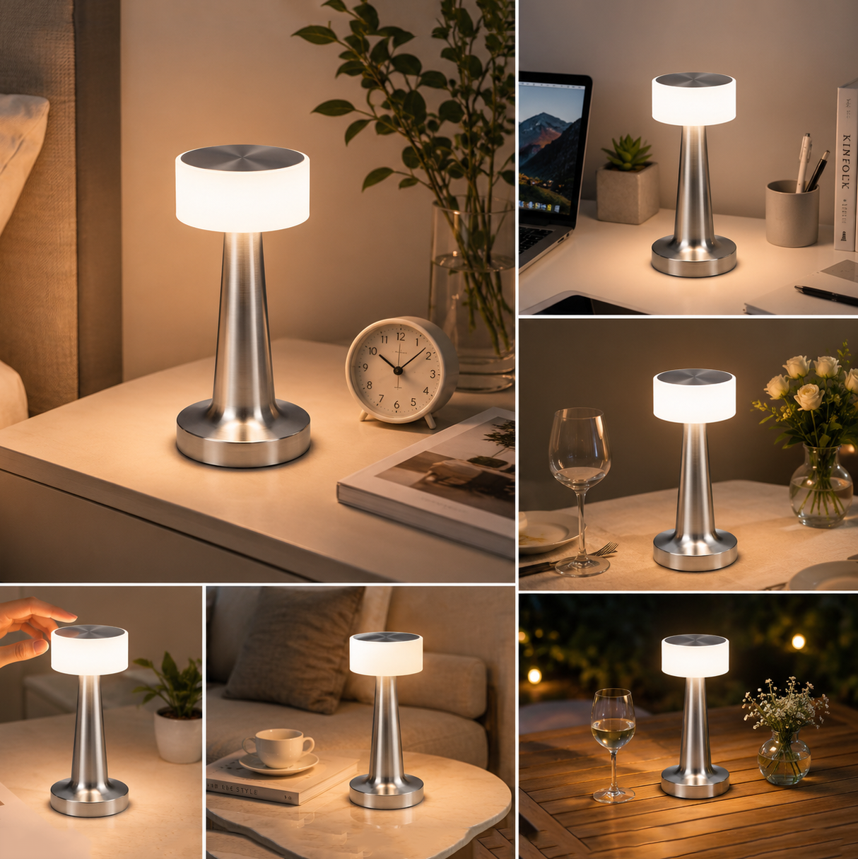 Silver Rechargeable Acrylic Shade UFO Table Lamp Touch Control LED Bedside Night Light, Cordless Ambient Desk Lamp for Bedroom Living Room Camping
