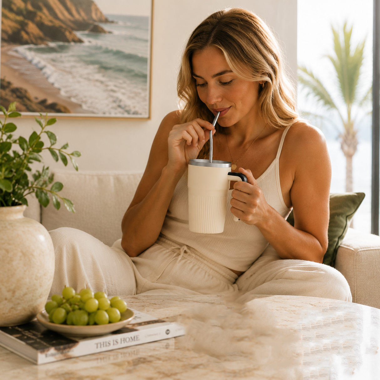 White Self Stirring Coffee Mug Electric Temperature Display Cup 14.4cm (5.67in) Stainless Steel Insulated Travel Mug with 3-Piece Stainless Steel Straw Set for Coffee Milk Protein Shakes