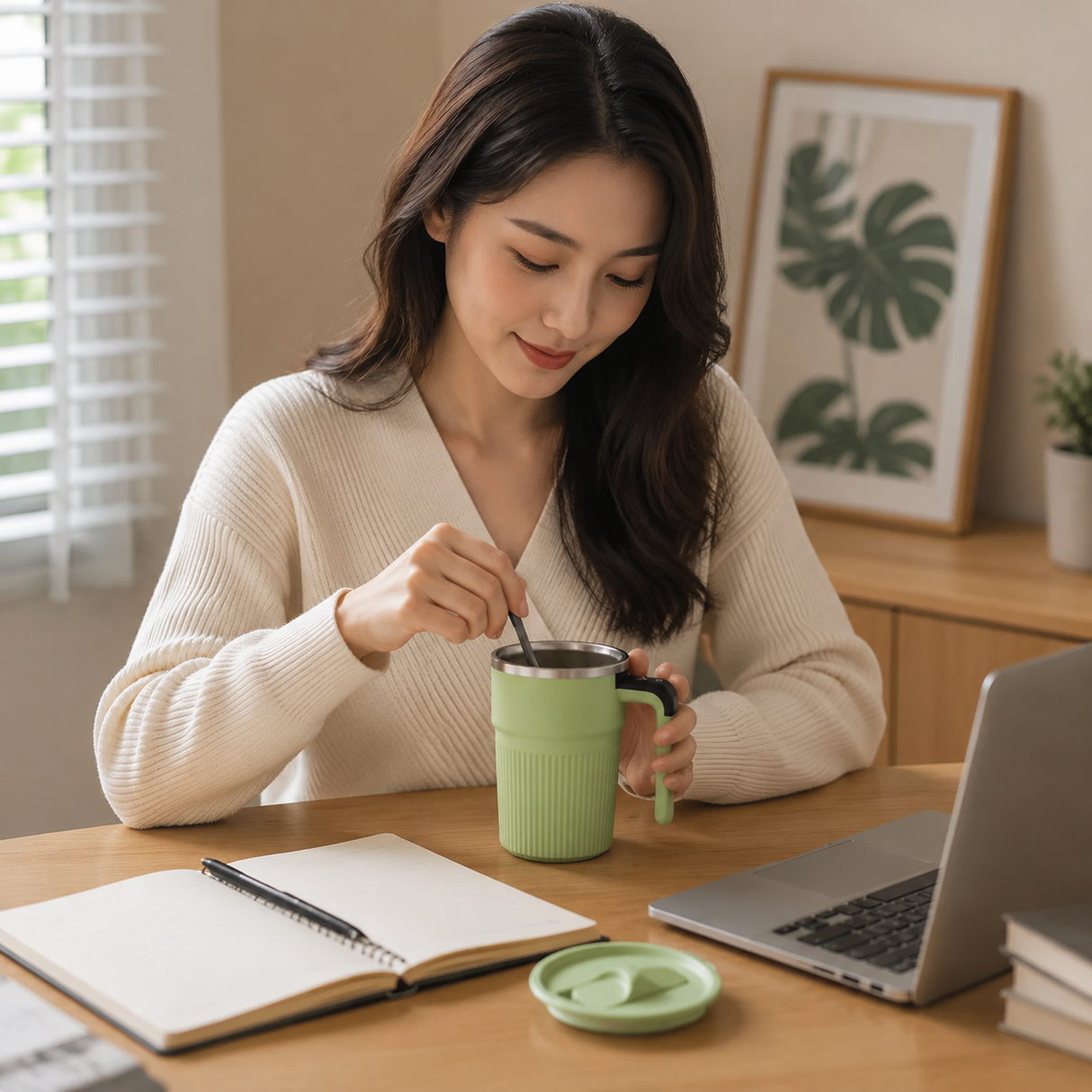 Green Electric Self Stirring Mug with Temperature Display Type-C Rechargeable Insulated Coffee Mixing Cup Portable Magnetic Stirring Mug for Coffee Milk Protein Shake Home Office Use