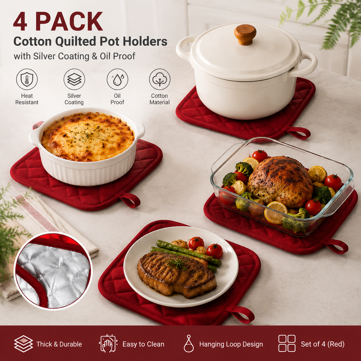 4 Pack Heat Resistant Pot Holders - Red Cotton Silver Coated Quilted Kitchen Heat Pads Non Slip Oven Mats 18x18cm Baking Cooking Microwave Use Durable Thermal Protection