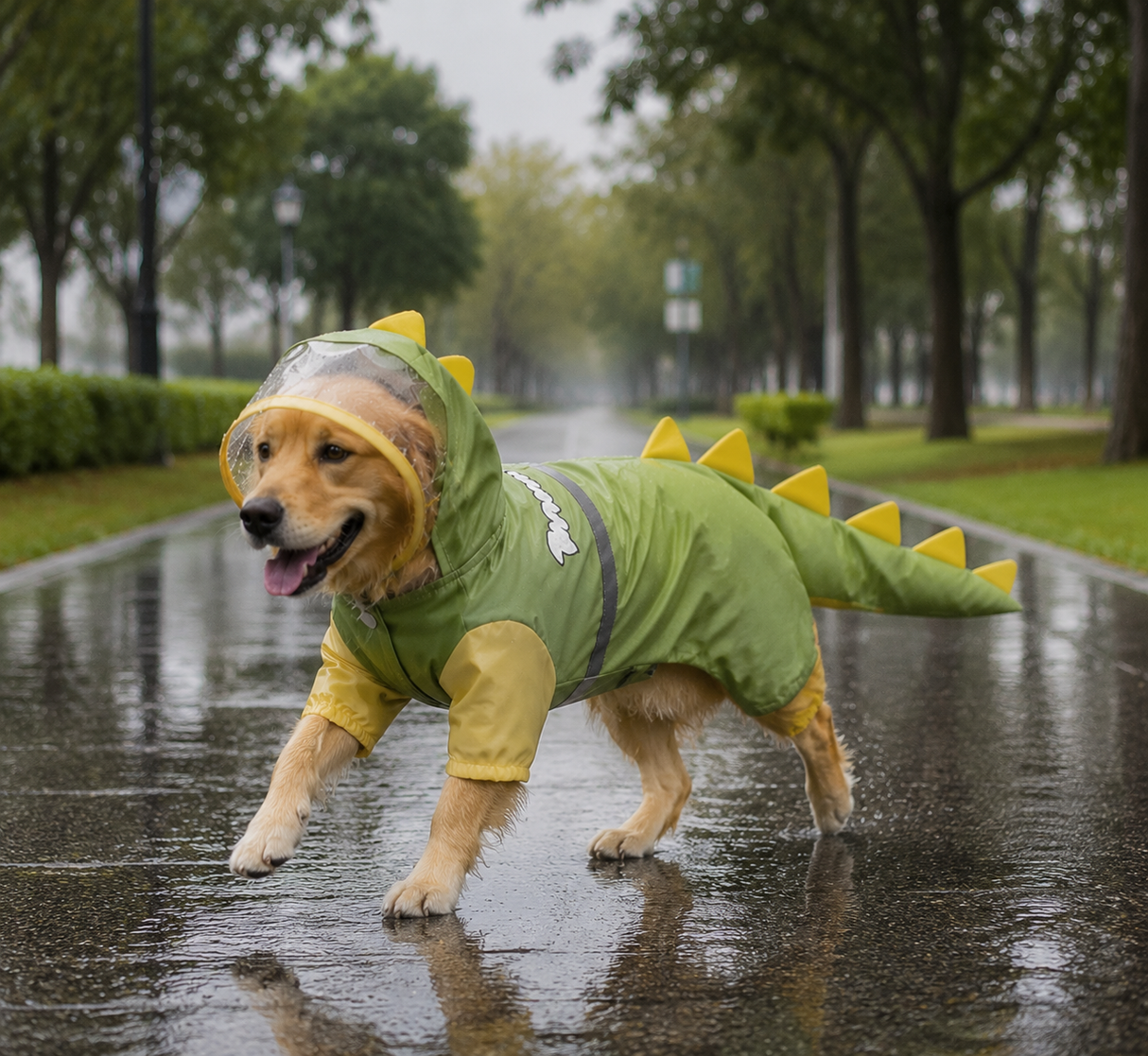 Green Dog Raincoat Dinosaur Hooded Waterproof Jacket 7XL Size with Leash Hole Removable Tail Cover Full Body Coverage Pet Rain Coat for Outdoor Walking Large Dogs