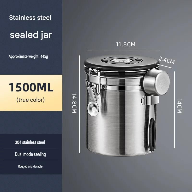 Silver 304 Stainless Steel Airtight Coffee Canister 1500ml Vacuum Seal Storage Jar with Date Tracker & Measuring Scoop for Coffee Beans Tea Storage