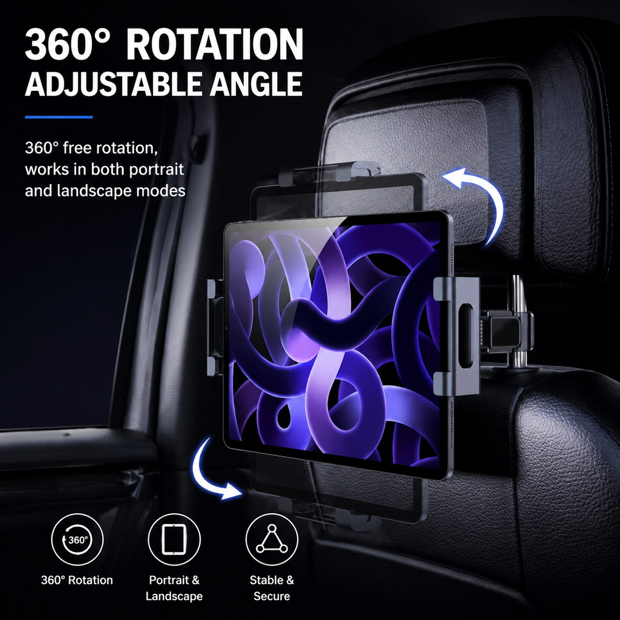 360° Rotating Car Back Seat Tablet & Phone Holder – Adjustable Headrest Mount for 4.7–12.9 Inch Devices, Universal Car Rear Entertainment Stand