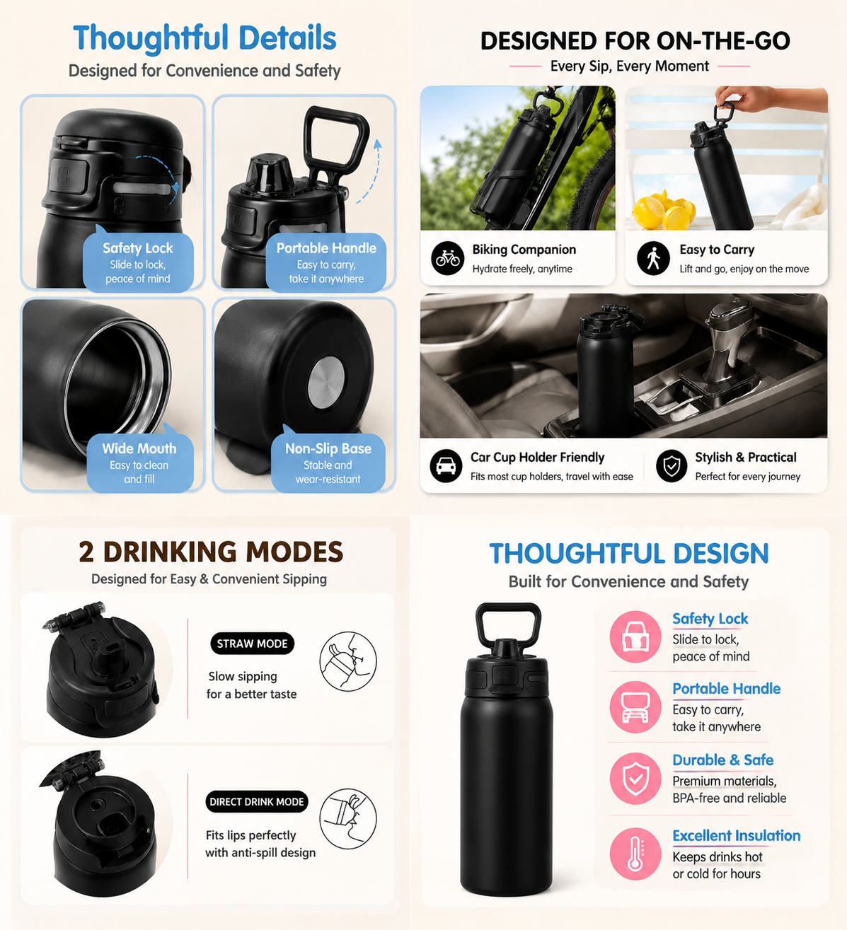 950ml Insulated Stainless Steel Bottle with 4PCS Silicone Anti-Slip Car Cup Coasters – Leakproof Travel Drink Set for Car & Home Use
