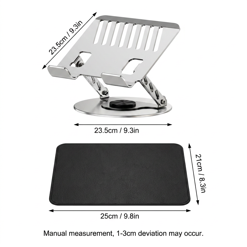 Adjustable aluminum alloy laptop stand (23.5*23.5CM), with mouse pad (21*25cm), adjustable height and angle, space-saving, heat dissipation support, suitable for office, home, study and work environments