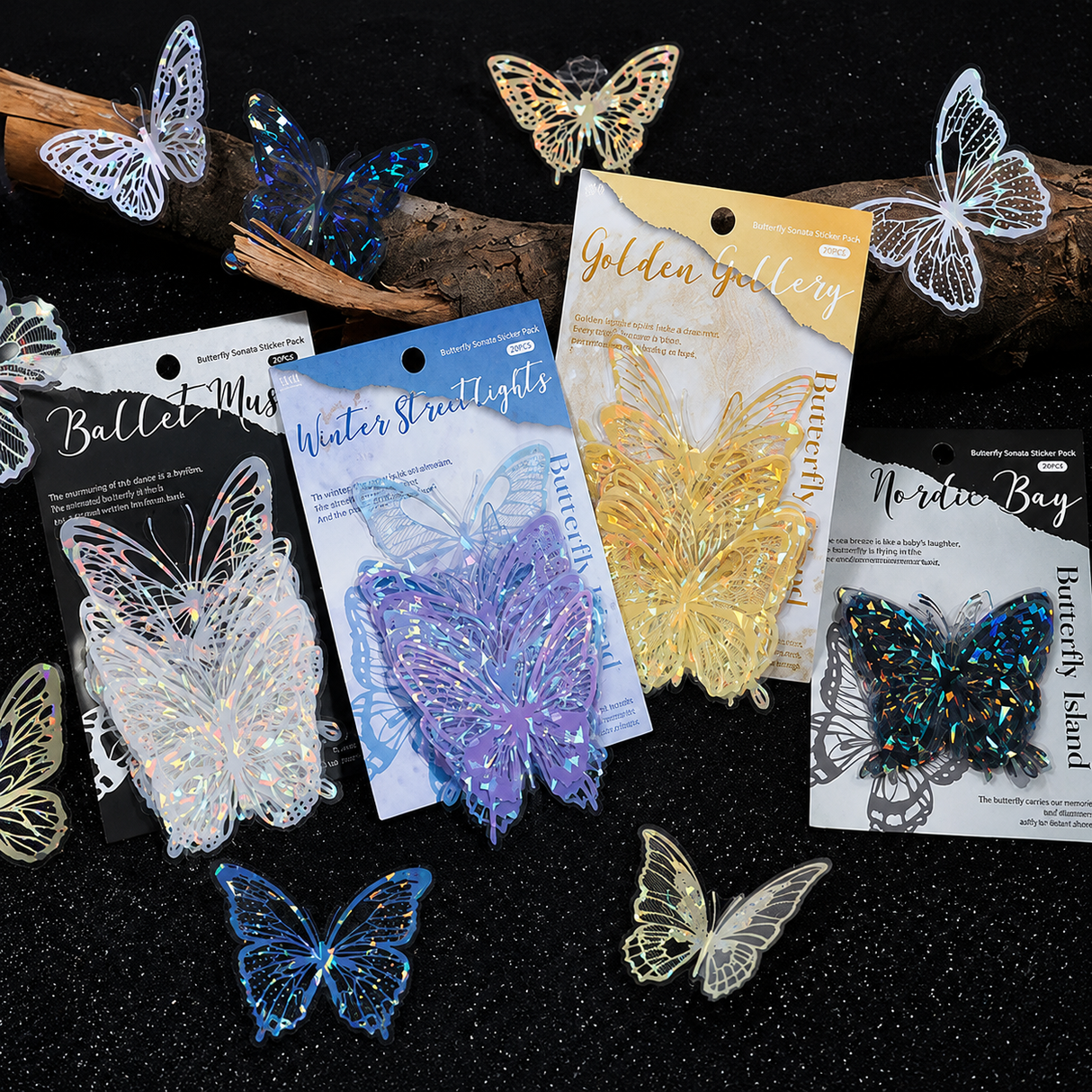 Gold Butterfly Holographic Cake Stickers PET Seashell Gloss Butterfly Cake Decorations DIY Dessert Toppers Party Supplies 20pcs x 2 Packs