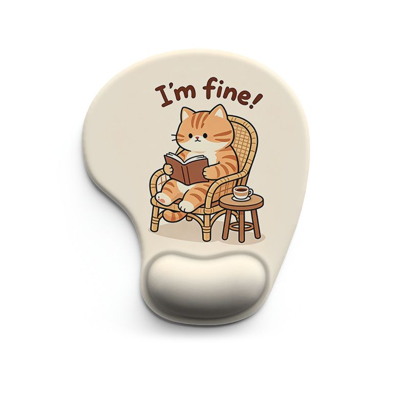 Ergonomic Gel Wrist Support Mouse Pad Pattern of a cat sitting in a chair reading a book (I'm fine!) Soft silicone wrist rest, desktop accessory, suitable for office, home, and gaming