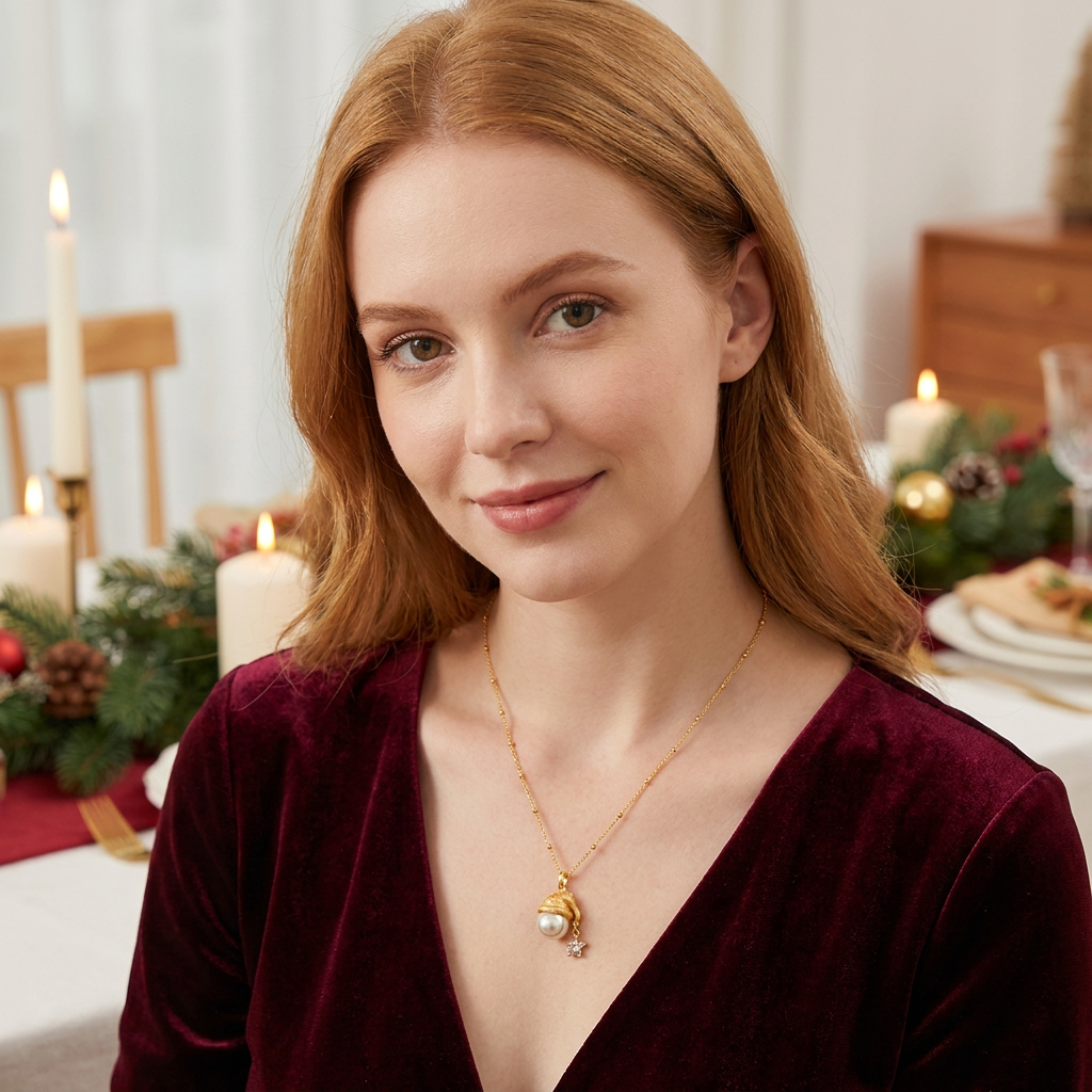 Pearl Santa Hat Star Necklace – Gold Plated Dainty Christmas Pendant Necklace with Faux Pearl & Star Charm, Includes Gift Box, Elegant Holiday Gift Jewelry for Women