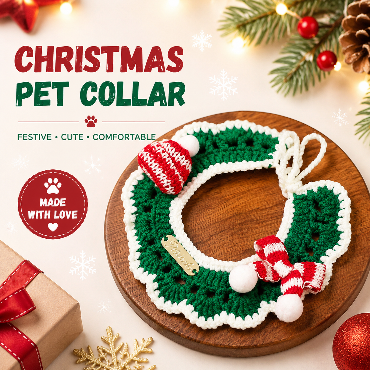 Christmas Pet Collar(Green scarf and hat) Knitted Festive Dog Cat Collar Red Green Adjustable Soft Lightweight Holiday Pet Accessories for Small Dogs and Cats Party Wear