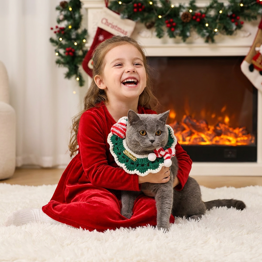 Christmas Pet Collar(Green scarf and hat) Knitted Festive Dog Cat Collar Red Green Adjustable Soft Lightweight Holiday Pet Accessories for Small Dogs and Cats Party Wear