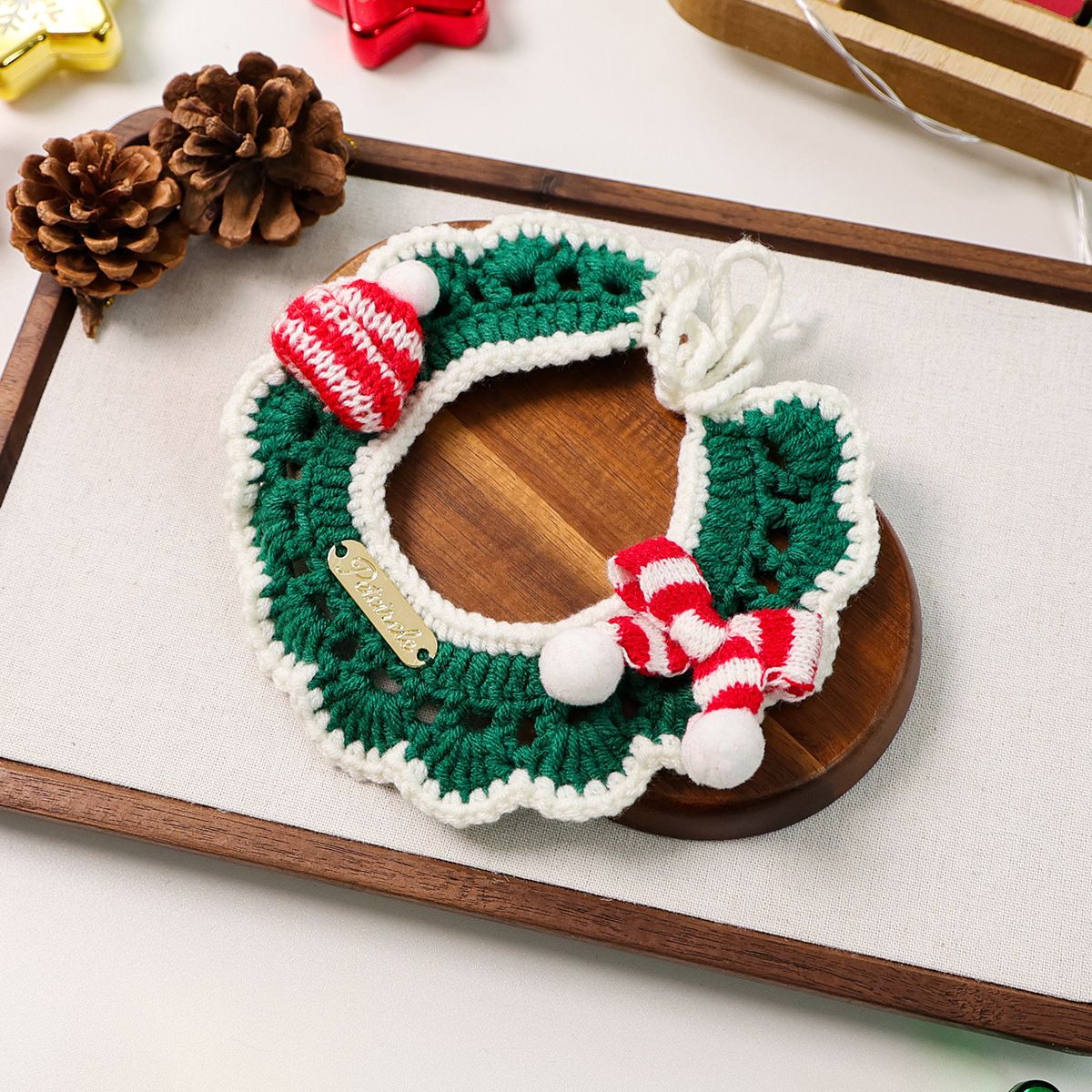 Christmas Pet Collar(Green scarf and hat) Knitted Festive Dog Cat Collar Red Green Adjustable Soft Lightweight Holiday Pet Accessories for Small Dogs and Cats Party Wear