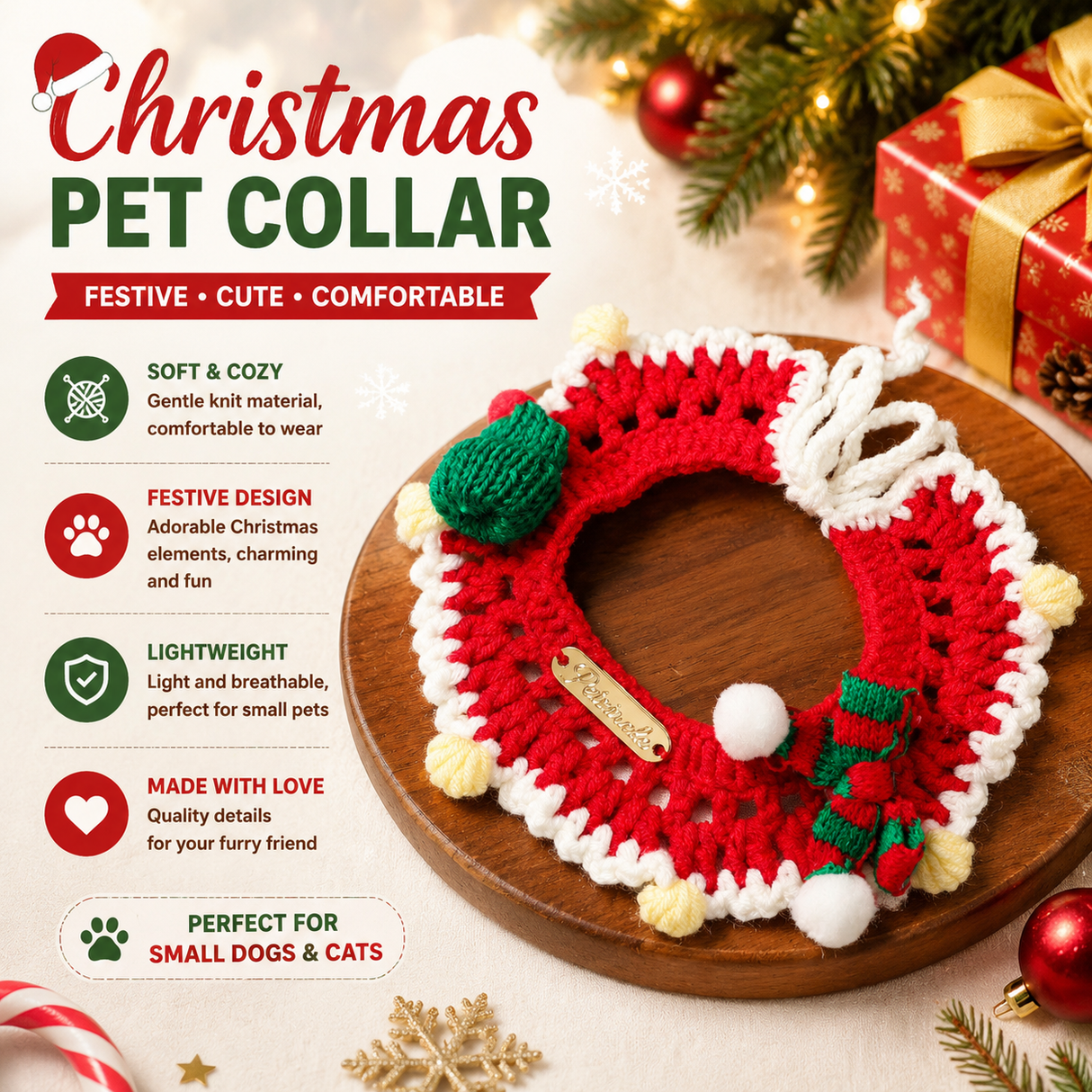 Christmas Pet Collar(Red scarf and hat) Knitted Festive Dog Cat Collar Red Green Adjustable Soft Lightweight Holiday Pet Accessories for Small Dogs and Cats Party Wear