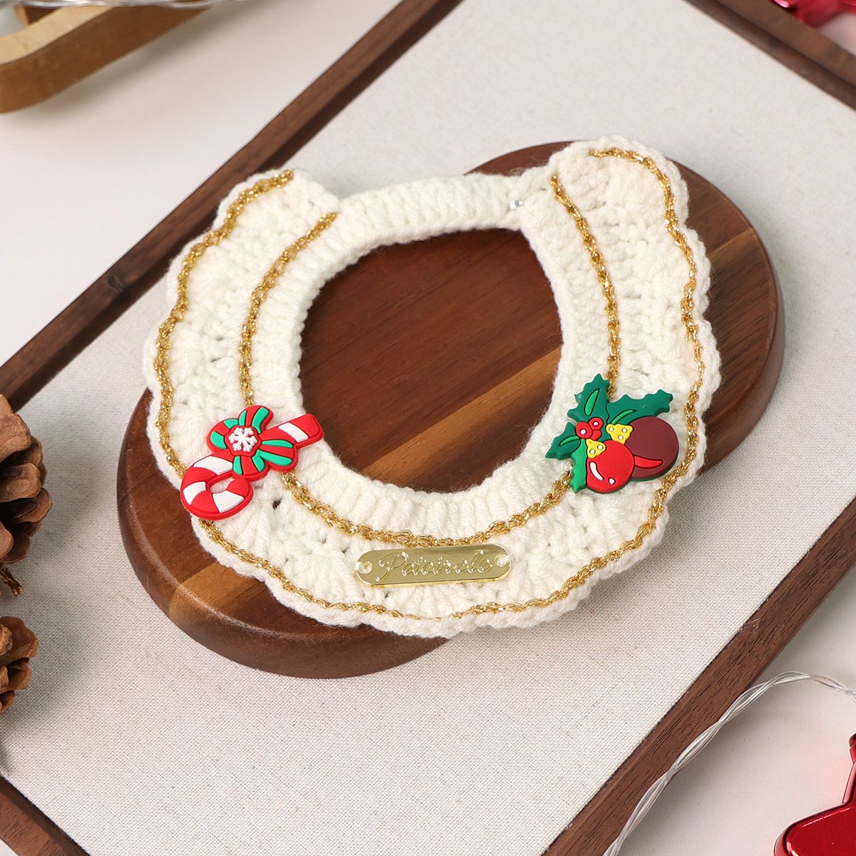 Christmas Pet Collar(Cane and pine cone) Knitted Festive Dog Cat Collar Red Green Adjustable Soft Lightweight Holiday Pet Accessories for Small Dogs and Cats Party Wear