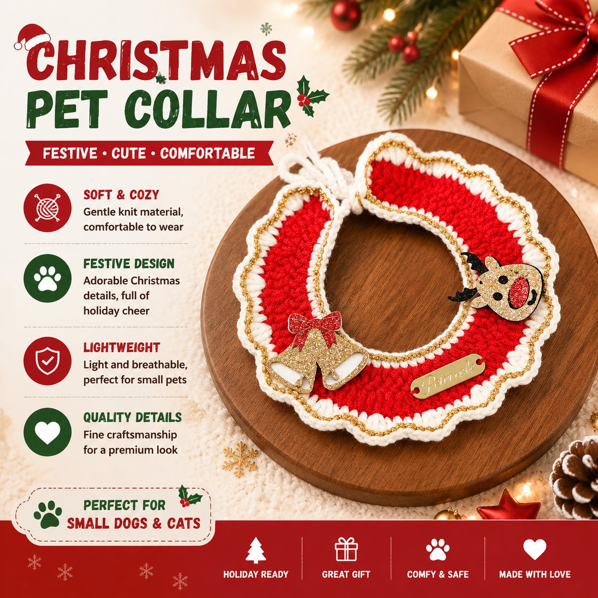 Christmas Pet Collar(Bell-shaped deer) Knitted Festive Dog Cat Collar Red Green Adjustable Soft Lightweight Holiday Pet Accessories for Small Dogs and Cats Party Wear