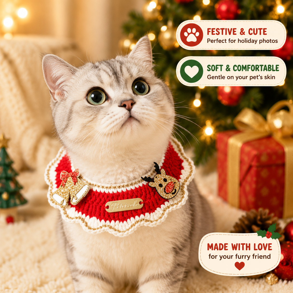 Christmas Pet Collar(Bell-shaped deer) Knitted Festive Dog Cat Collar Red Green Adjustable Soft Lightweight Holiday Pet Accessories for Small Dogs and Cats Party Wear