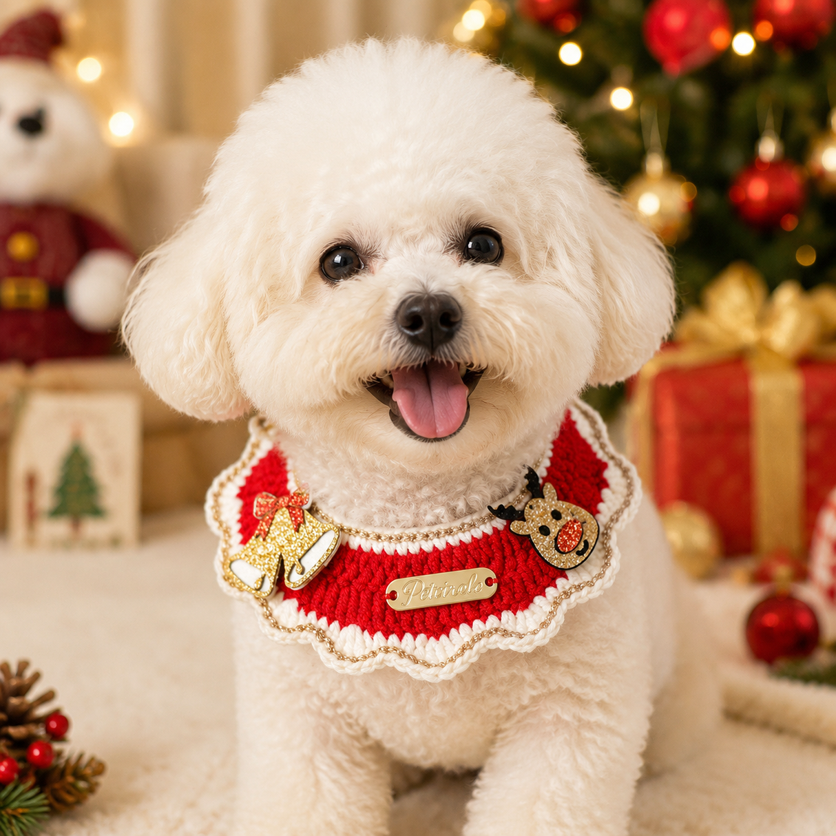 Christmas Pet Collar(Bell-shaped deer) Knitted Festive Dog Cat Collar Red Green Adjustable Soft Lightweight Holiday Pet Accessories for Small Dogs and Cats Party Wear