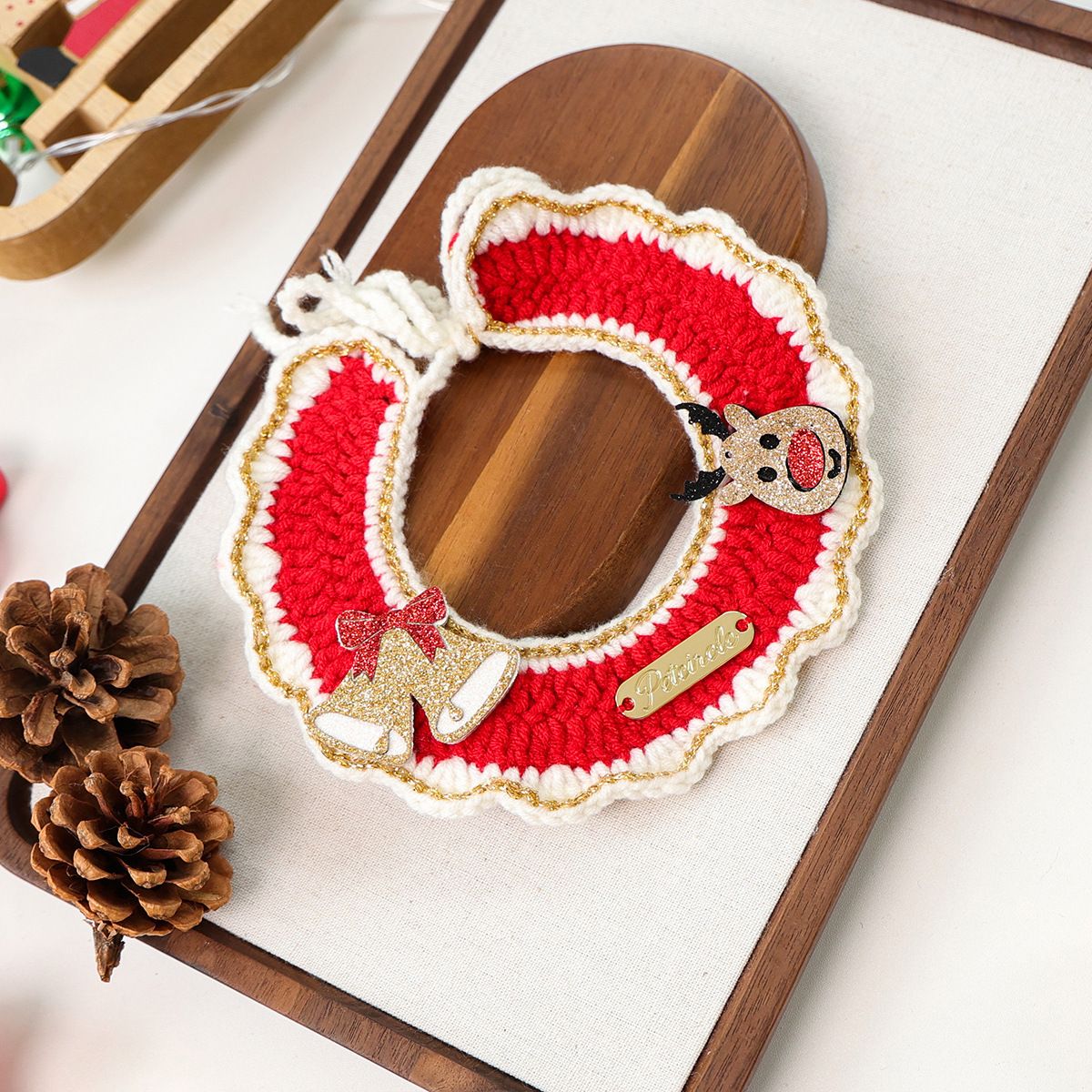 Christmas Pet Collar(Bell-shaped deer) Knitted Festive Dog Cat Collar Red Green Adjustable Soft Lightweight Holiday Pet Accessories for Small Dogs and Cats Party Wear