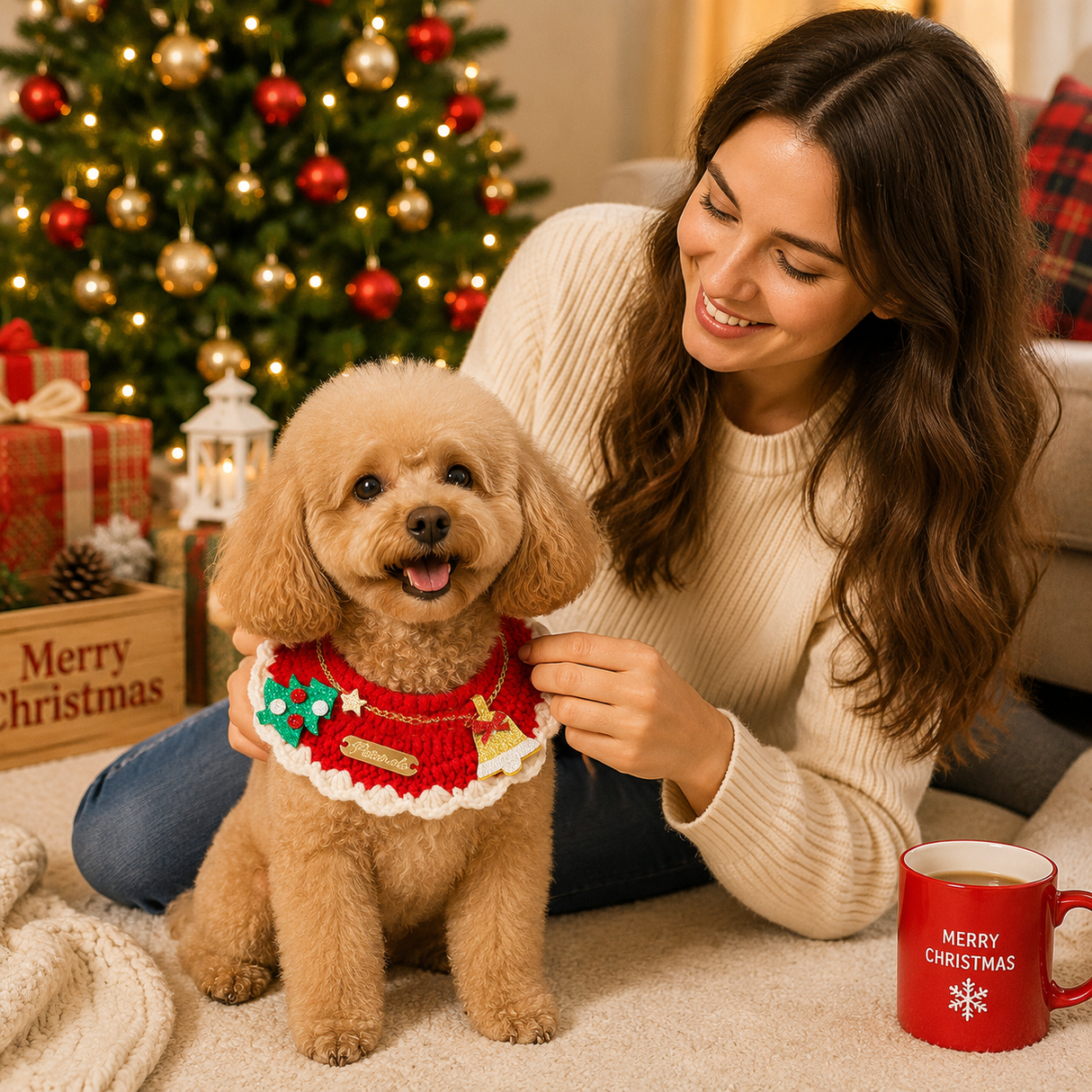 Christmas Pet Collar(Tree bell) Knitted Festive Dog Cat Collar Red Green Adjustable Soft Lightweight Holiday Pet Accessories for Small Dogs and Cats Party Wear