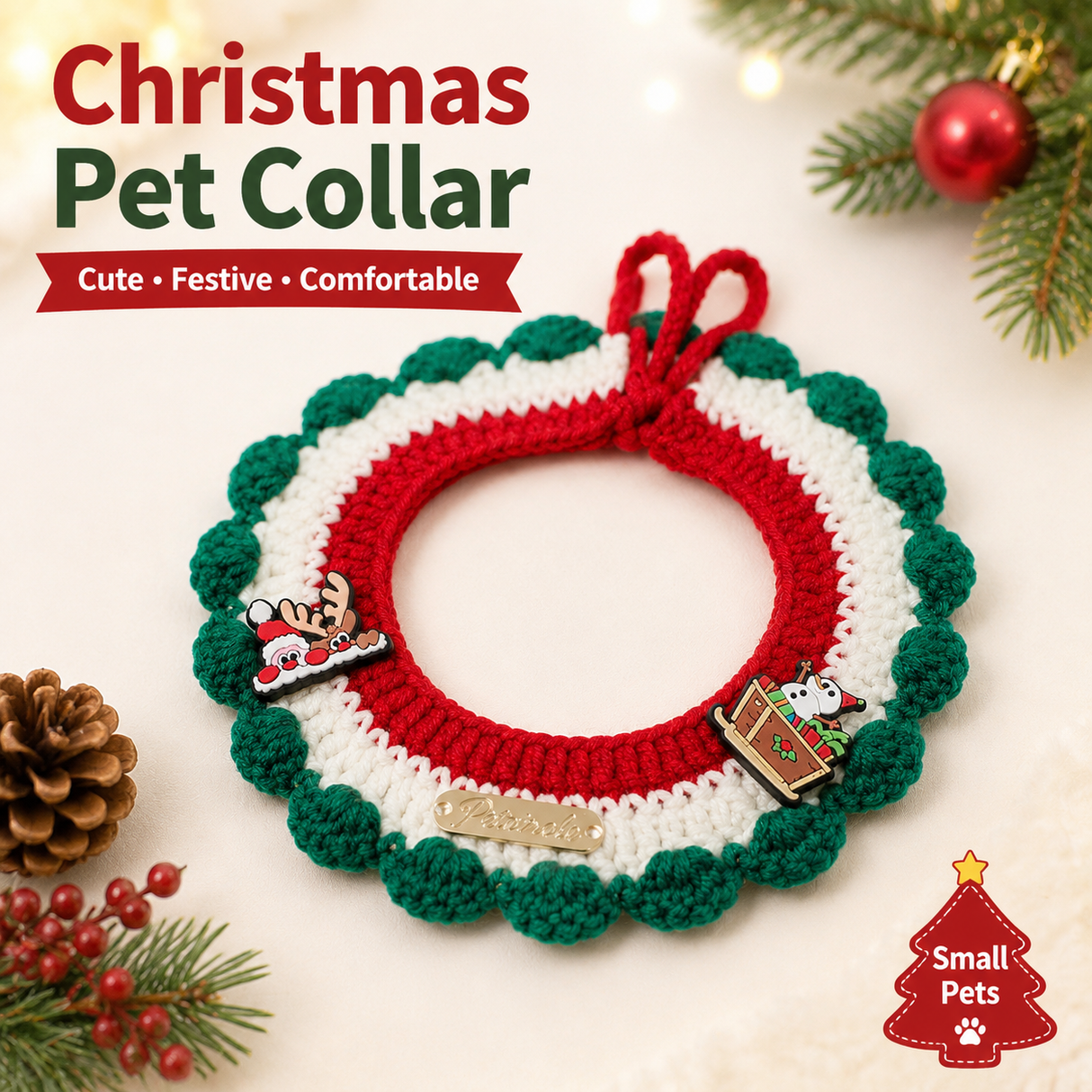 Christmas Pet Collar(Snowman, deer, old man) Knitted Festive Dog Cat Collar Red Green Adjustable Soft Lightweight Holiday Pet Accessories for Small Dogs and Cats Party Wear