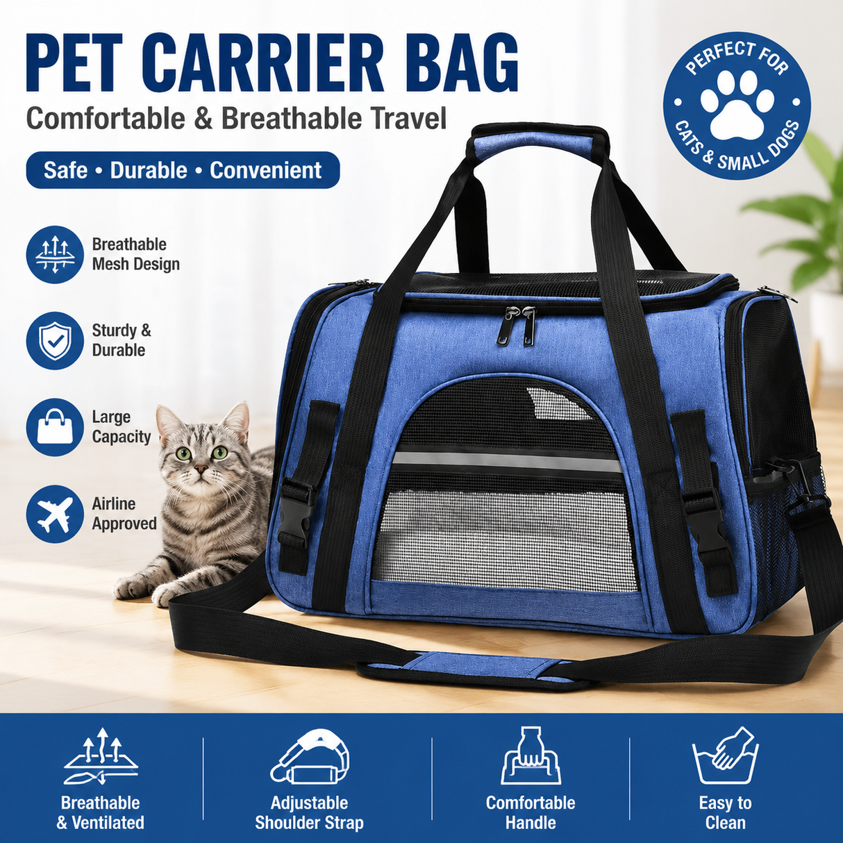 Blue Pet Carrier Bag - Breathable Meshfor Small Dogs and Cats Travel Carrier Airline Travel Ready Adjustable Shoulder Strap Durable Ventilated Design (44x25x28cm)
