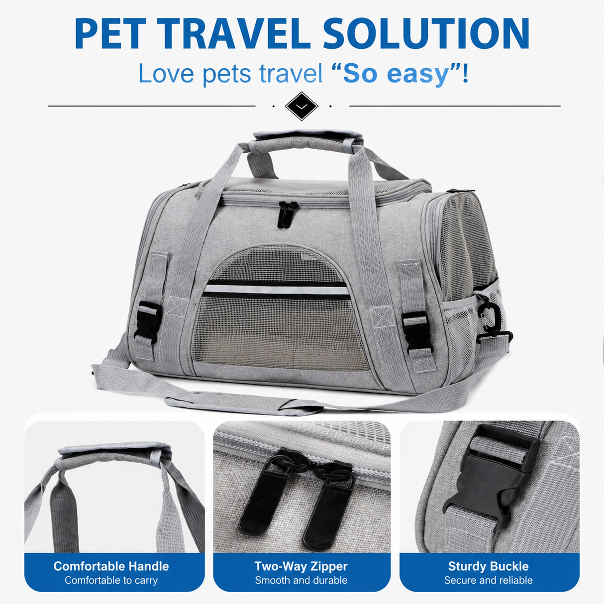Blue Pet Carrier Bag - Breathable Meshfor Small Dogs and Cats Travel Carrier Airline Travel Ready Adjustable Shoulder Strap Durable Ventilated Design (44x25x28cm)