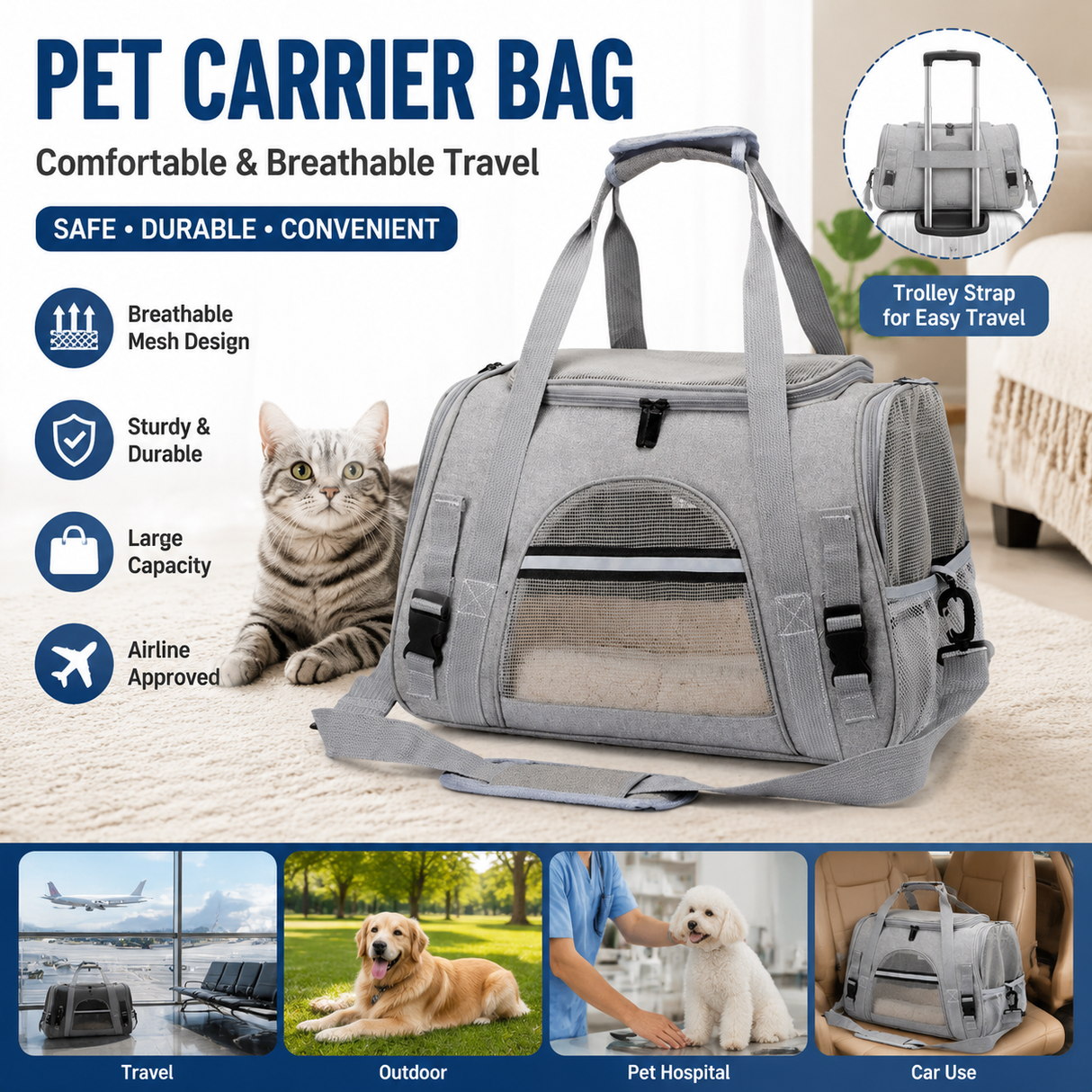 Grey Pet Carrier Bag - Breathable Meshfor Small Dogs and Cats Travel Carrier Airline Travel Ready Adjustable Shoulder Strap Durable Ventilated Design (44x25x28cm)