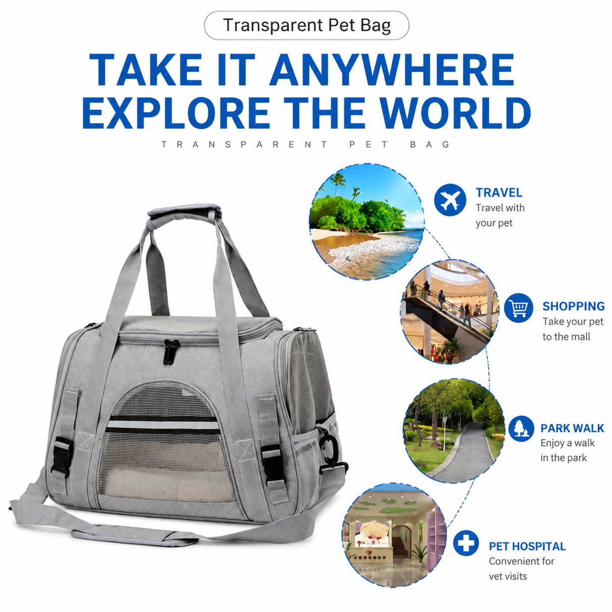 Grey Pet Carrier Bag - Breathable Meshfor Small Dogs and Cats Travel Carrier Airline Travel Ready Adjustable Shoulder Strap Durable Ventilated Design (44x25x28cm)