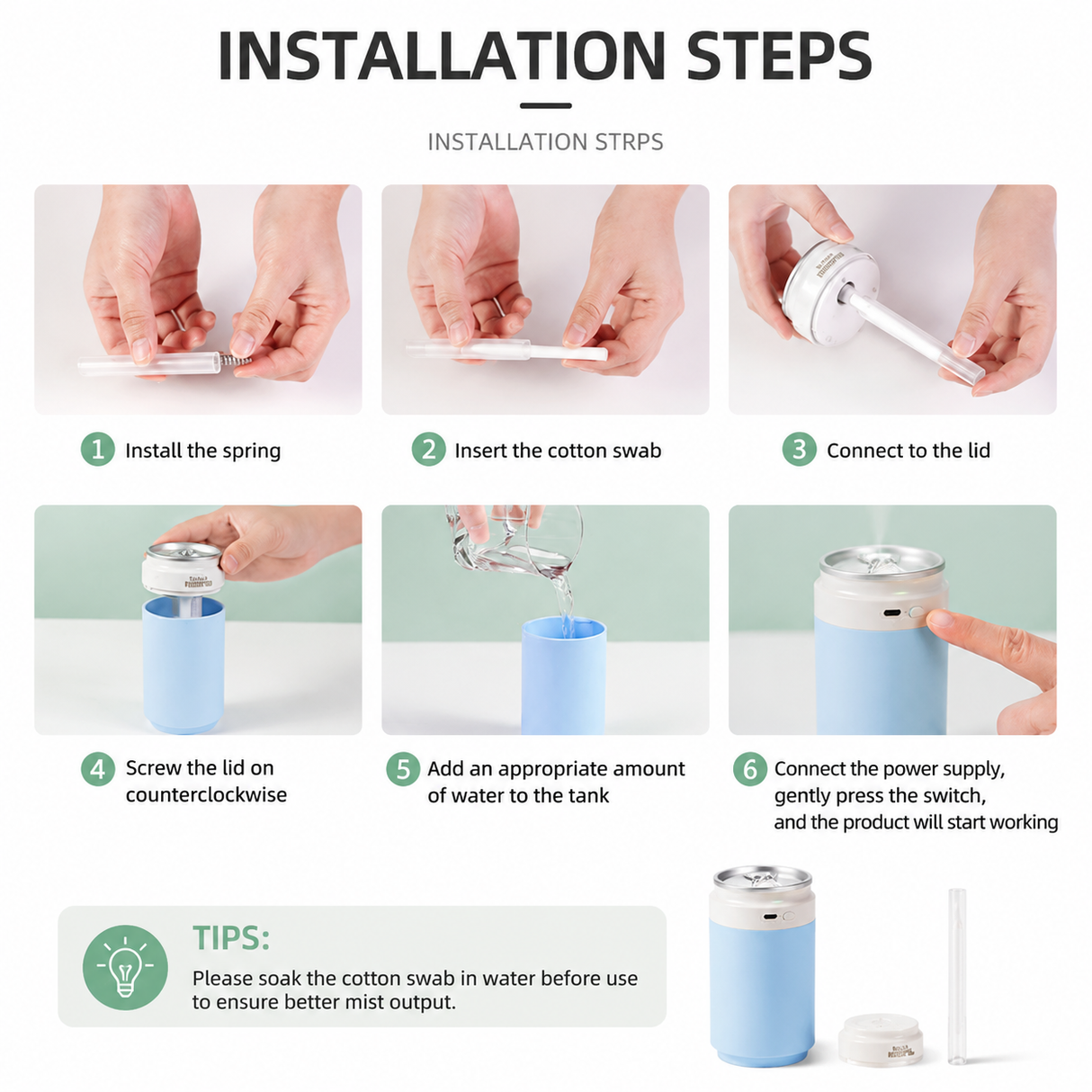 Green USB Rechargeable Humidifier Aroma Diffuser Mini Can Mist Maker Portable Car Home Desktop Air Moisturizer with LED Light