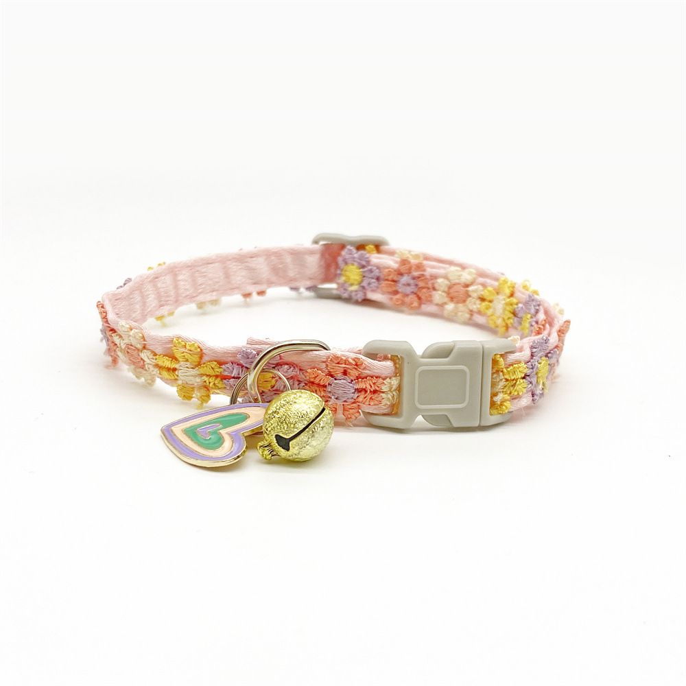 Floral Lace Pet Collar with Bell and Charm (Heart-shaped design)- Adjustable Polyester Cat Collar for Small Dogs and Cats, Colourful Embroidered Neck Collar, Cute Puppy Kitten Accessory, 18-30cm