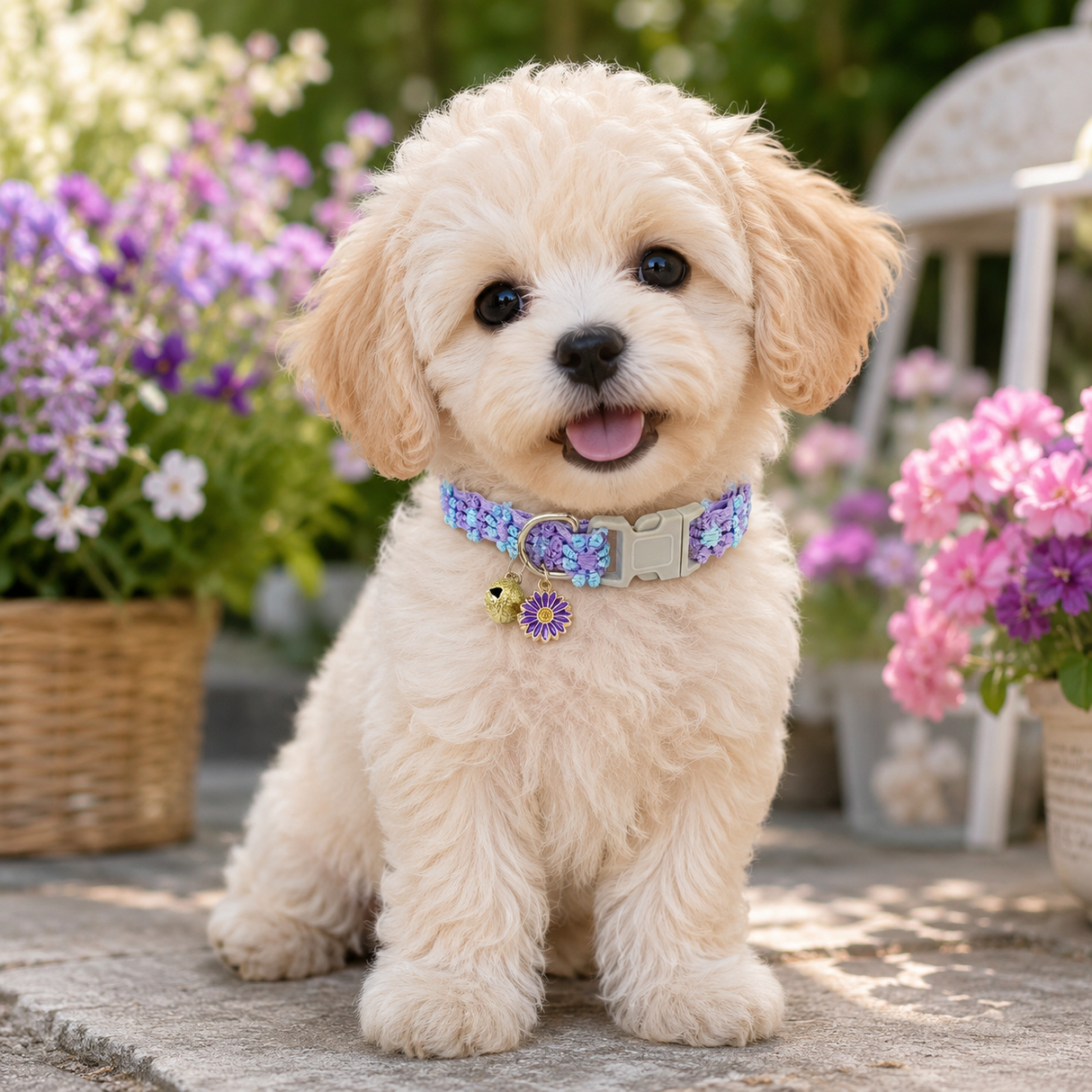 Floral Lace Pet Collar with Bell and Charm (Purple flower design)- Adjustable Polyester Cat Collar for Small Dogs and Cats, Colourful Embroidered Neck Collar, Cute Puppy Kitten Accessory, 18-30cm