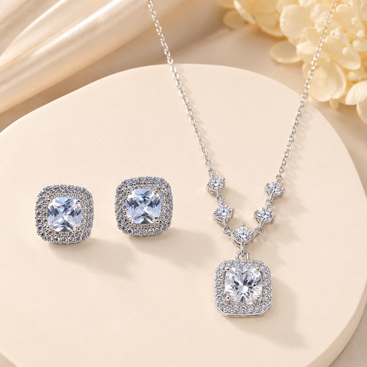 Square Halo Pendant Necklace and Stud Earrings Jewellery Set - 2 Piece Silver-Tone Crystal Look Gift Set