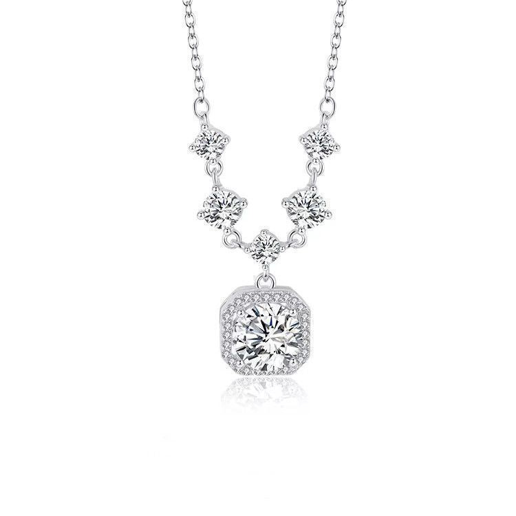 Square Halo Pendant Necklace and Stud Earrings Jewellery Set - 2 Piece Silver-Tone Crystal Look Gift Set