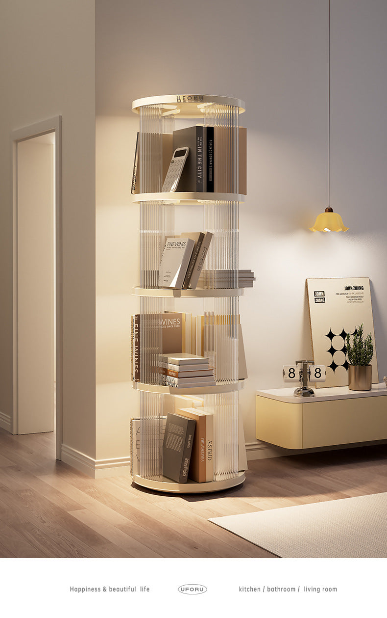 Rotating circular bookshelf with four layers- Cream White Multi-Layer Storage Rack, 40.5x40.5x135.5cm (ABS?)