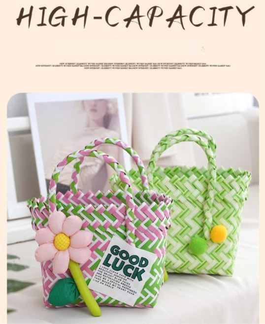 Handwoven Fresh PP Tote Bag with Upright Square Structure & Flower Deco, Durable Mini Spring Picnic Basket and Favour Handbag 16x16x9cm, Green Pink Contrastion