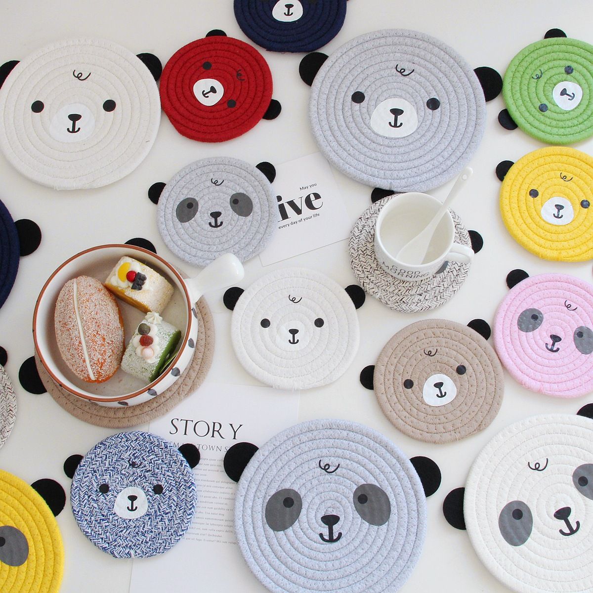 4PCS Yellow Cute Bear Woven Cotton Coasters, 12cm Dia Durable Heat Resistant Trivets Set for Drink Cup Dishes and Pot