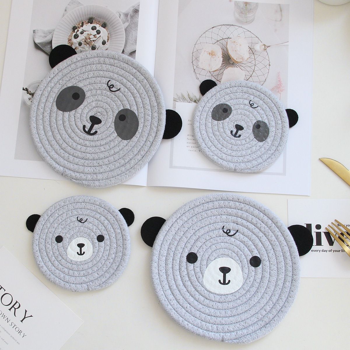 4PCS Yellow Cute Bear Woven Cotton Coasters, 12cm Dia Durable Heat Resistant Trivets Set for Drink Cup Dishes and Pot