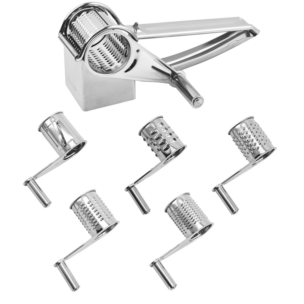 Stainless Steel Hand Crank Cheese Grater(Flat-blade planer+3-4 hole planer+5-6 hole planer+7-8 hole planer+9-10 hole planer) - Rotary Drum Shredder for Cheese, Chocolate and Butter - Ergonomic Handle Kitchen Gadget for Home Cooking and Baking