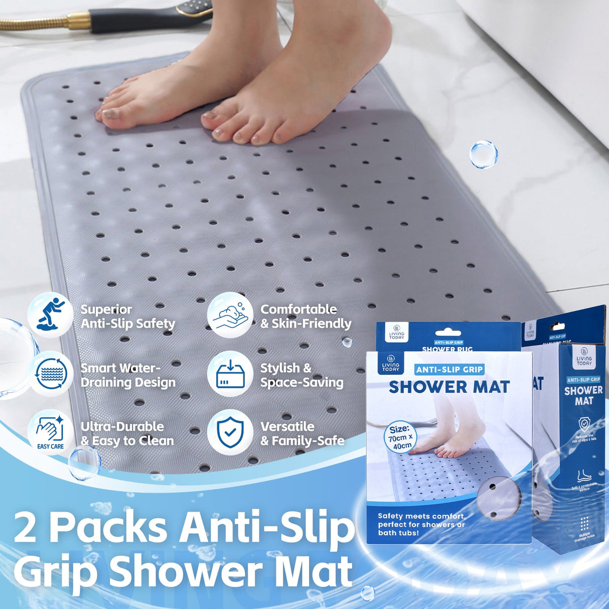 2Pack 70×40 cm Anti‑Slip Grip Shower Mat Quick‑Dry Bath Mat with 100+ Suction Cups