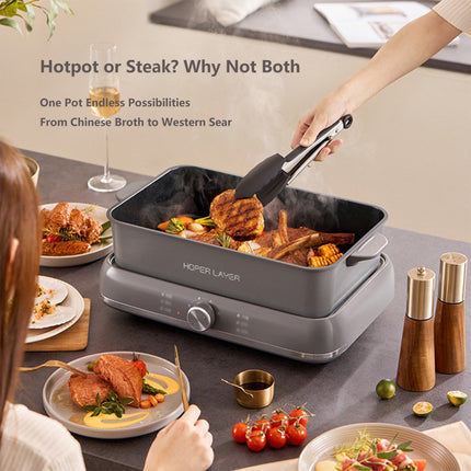 HOPER LAYER Electric Hot Pot 6L – Multifunctional Nonstick Cooker with Grill, Boil, Simmer & Fry Modes 2000W Power, Square Removable Pot