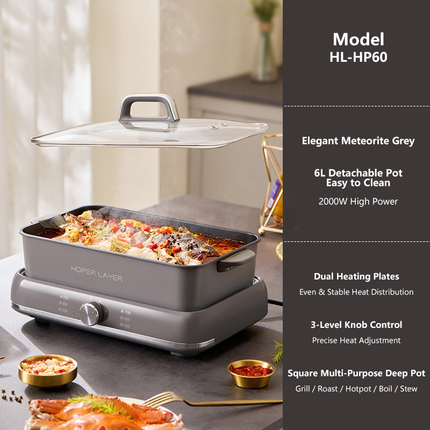 HOPER LAYER Electric Hot Pot 6L ??Multifunctional Nonstick Cooker with Grill, Boil, Simmer & Fry Modes 2000W Power, Square Removable Pot