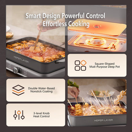HOPER LAYER Electric Hot Pot 6L – Multifunctional Nonstick Cooker with Grill, Boil, Simmer & Fry Modes 2000W Power, Square Removable Pot