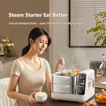 Hoper Layer Electric Food Steamer 16L Large Capacity 10 Second Start 24H Timer Independent Water Tan