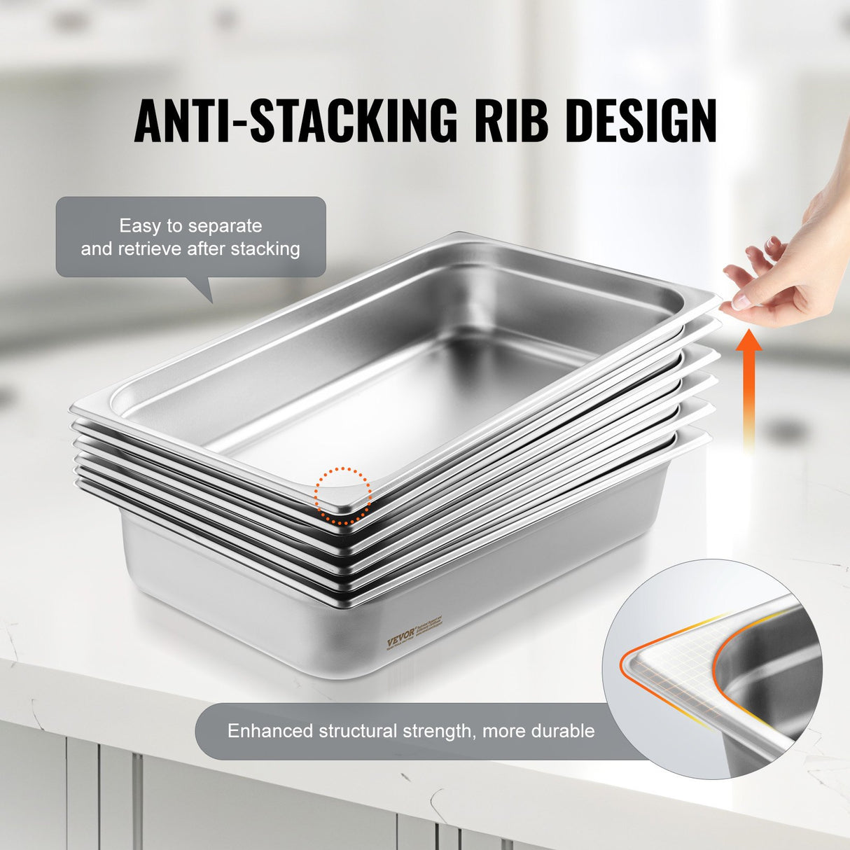VEVOR 6 Pack Hotel Pans, Full Size Anti-Jam Steam Pan, 0.8mm Thick Stainless Steel Restaurant Steam Table Pan, 4-Inch Deep Commercial Table Pan,