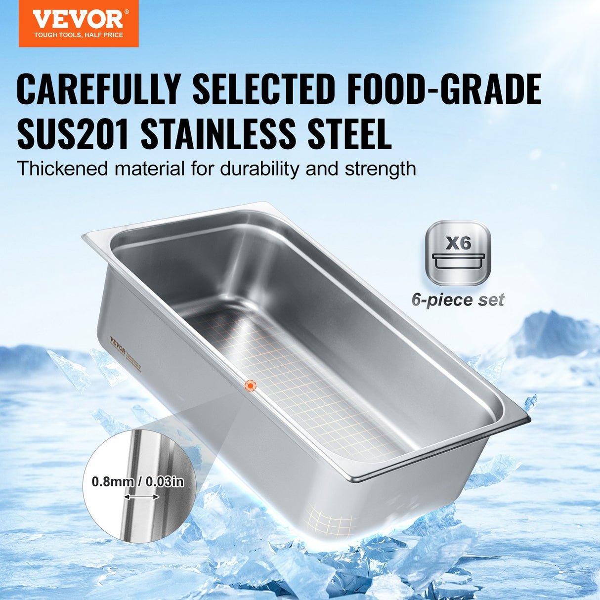 VEVOR 6 Pack Hotel Pans, Full Size Anti-Jam Steam Pan, 0.8mm Thick Stainless Steel Restaurant Steam Table Pan, 6-Inch Deep Commercial Table Pan,