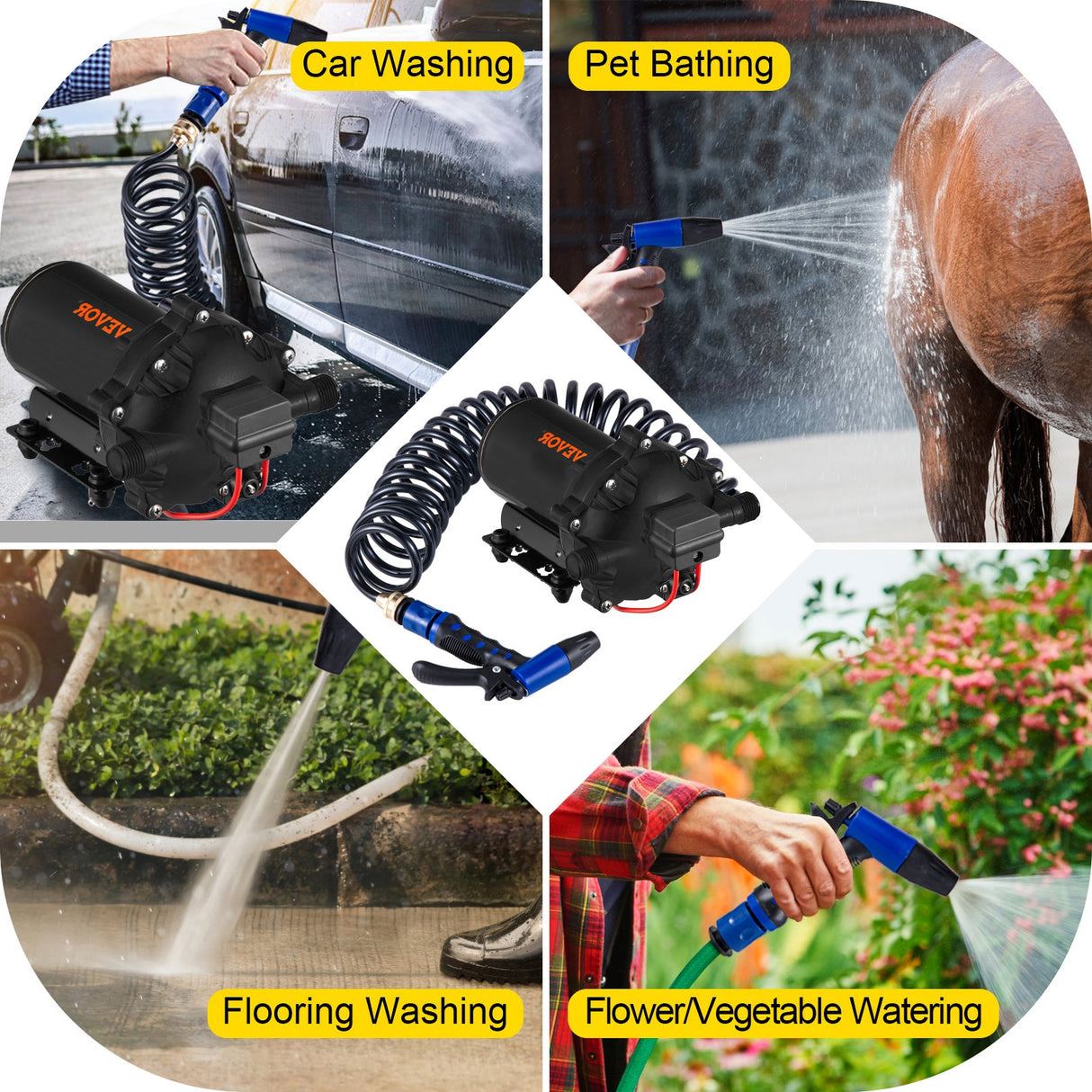 VEVOR RV Water Pump 5.3 GPM 5.5 Gallons Per Minute 12V Water Pump Automatic 70 PSI Diaphragm Pump with 25 Foot Coiled Hose Washdown Pumps for Boats