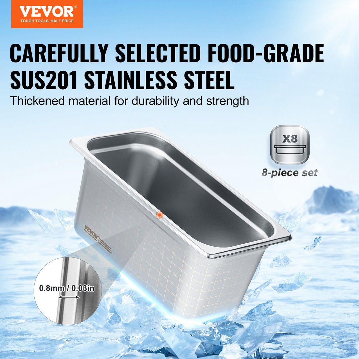 VEVOR 8 Pack Hotel Pans, 1/3 Size Anti-Jam Steam Pan with Lid, 0.8mm Thick Stainless Steel Steam Table Pan, 6-Inch Deep Commercial Table Pan, Catering