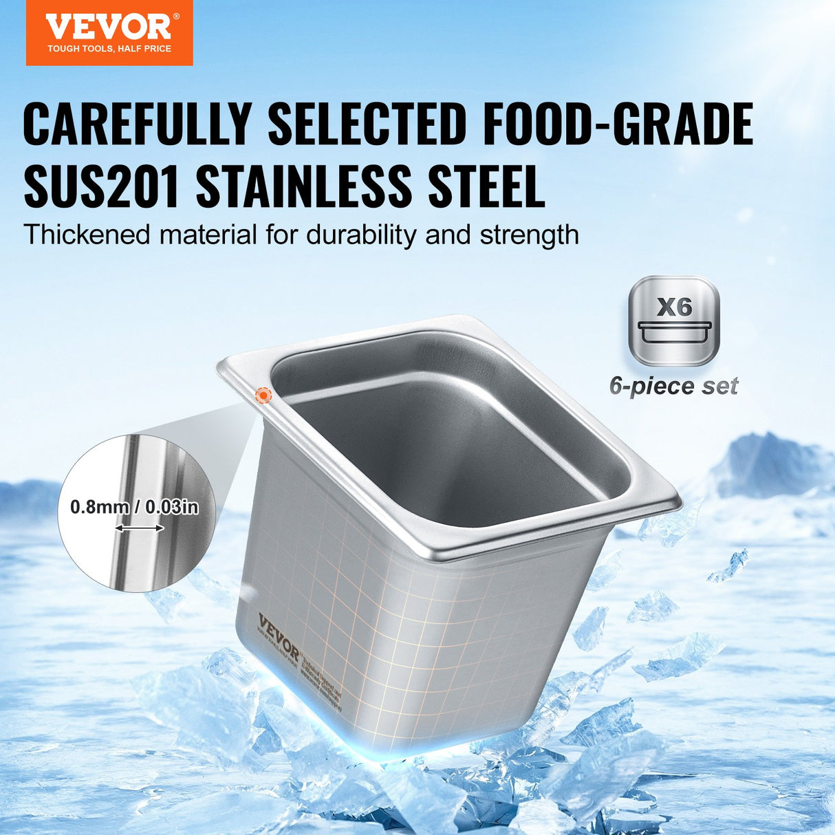 VEVOR 6 Pack Hotel Pans, 1/6 Size Anti-Jam Steam Pan, 0.8mm Thick Stainless Steel Restaurant Steam Table Pan, 6-Inch Deep Commercial Table Pan, Catering Storage Food Pan, for Industrial & Scientific