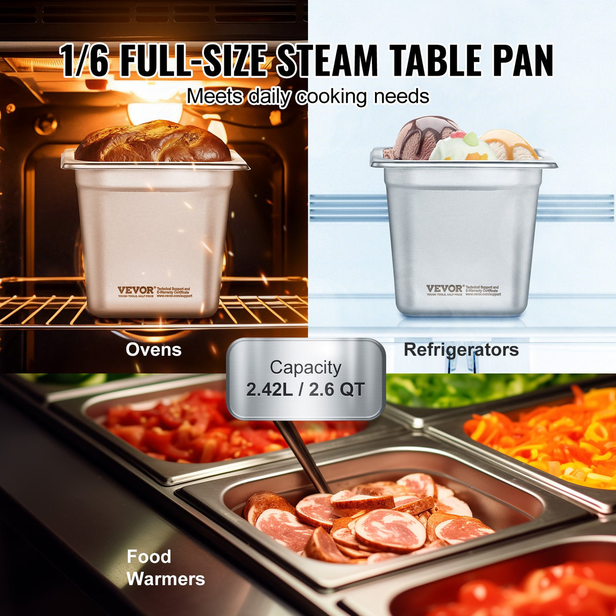 VEVOR 6 Pack Hotel Pans, 1/6 Size Anti-Jam Steam Pan, 0.8mm Thick Stainless Steel Restaurant Steam Table Pan, 6-Inch Deep Commercial Table Pan, Catering Storage Food Pan, for Industrial & Scientific