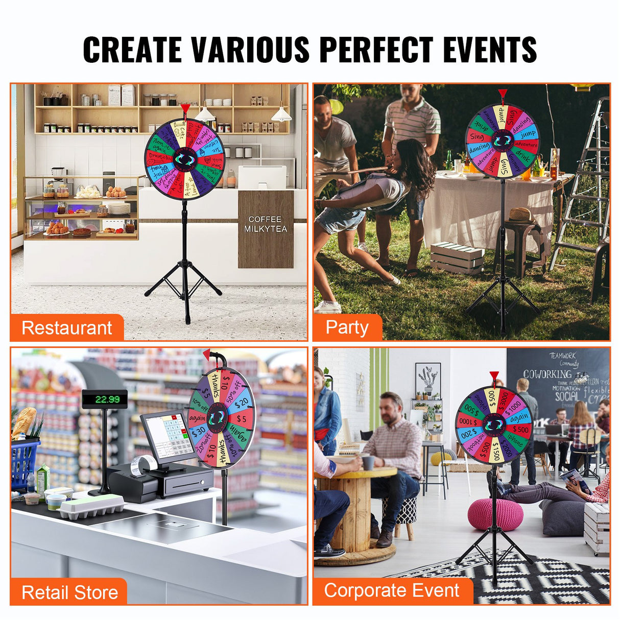 Vevor 18 Inch Tabletop Color Prize Wheel with Folding Tripod Floor Stand 14 Slots Dry Erase